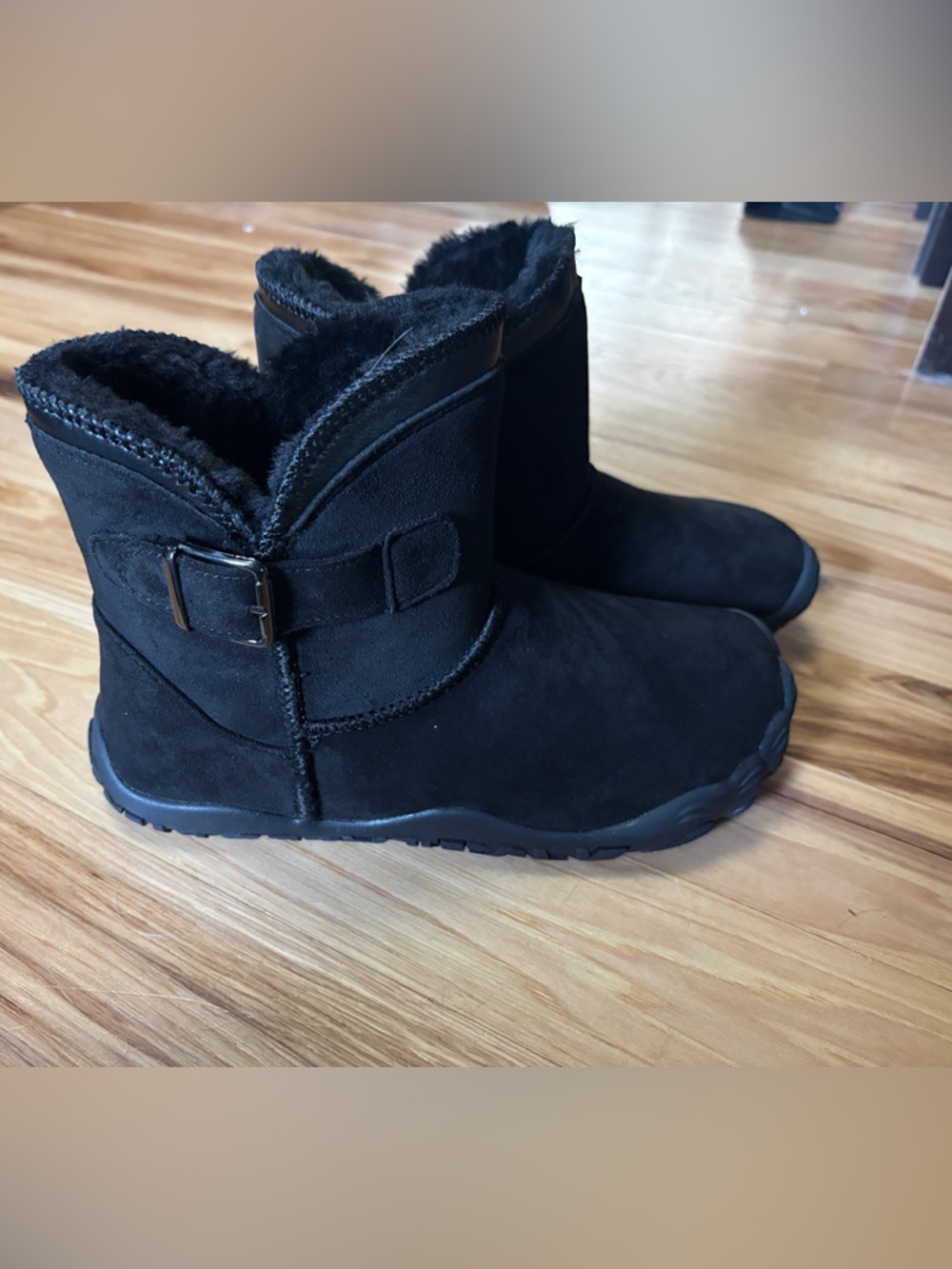 Women's Black Fleece-Lined Buckle Winter Ankle Boots